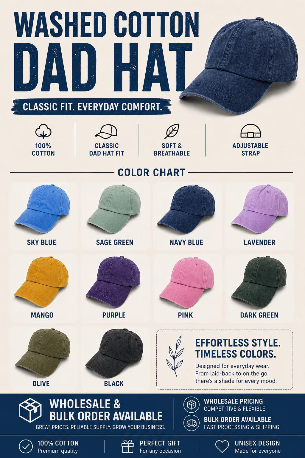 Washed Cotton Dad Hat, Unstructured, Metal Buckle, Customizable Unisex Cap